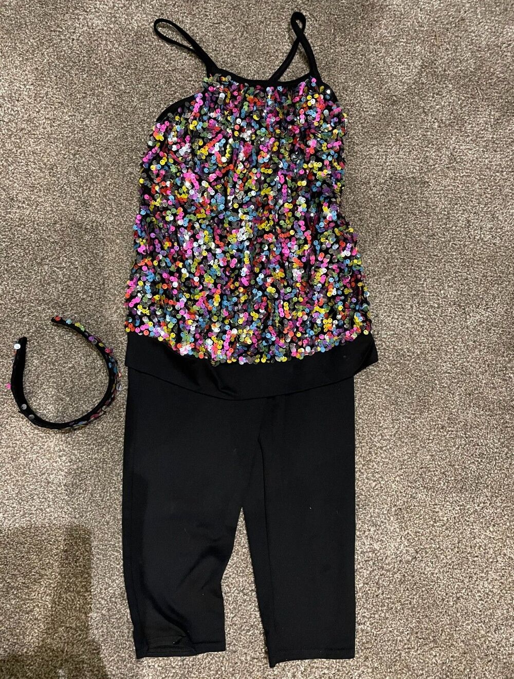 Girls Dance Costume - One piece, black bottom, multi color sequin top, headband